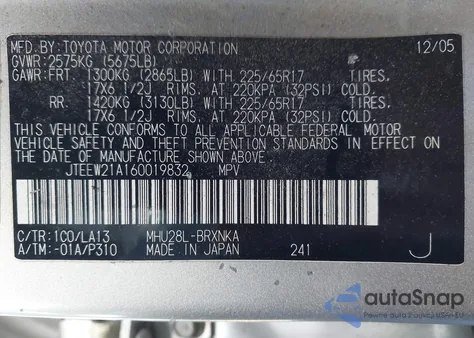 2006 Toyota Highlander Hybrid Ltd z USA, uszkodzony, nr VIN JTEEW21A160019832